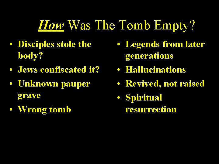 How Was The Tomb Empty? • Disciples stole the body? • Jews confiscated it?