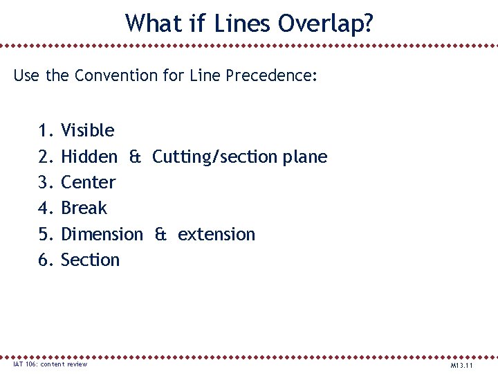 What if Lines Overlap? Use the Convention for Line Precedence: 1. 2. 3. 4.