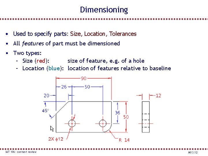 Dimensioning • Used to specify parts: Size, Location, Tolerances • All features of part