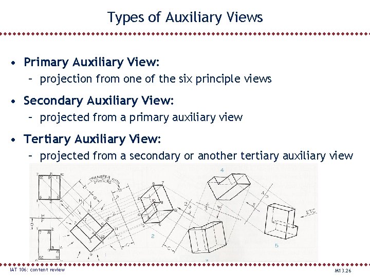 Types of Auxiliary Views • Primary Auxiliary View: – projection from one of the