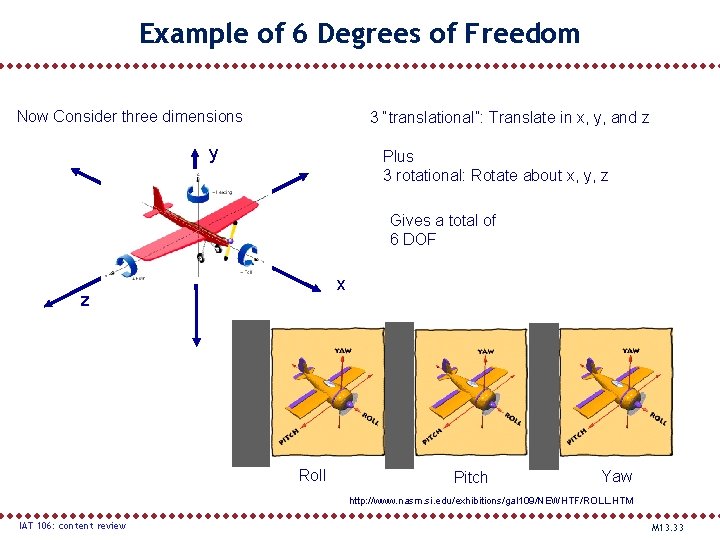 Example of 6 Degrees of Freedom Now Consider three dimensions 3 “translational”: Translate in