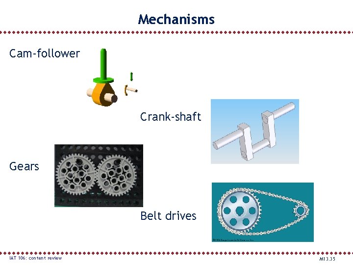 Mechanisms Cam-follower Crank-shaft Gears Belt drives IAT 106: content review M 13. 35 