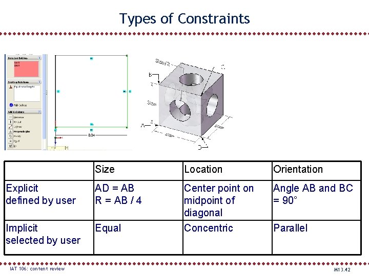 Types of Constraints Size Location Orientation Explicit defined by user AD = AB R