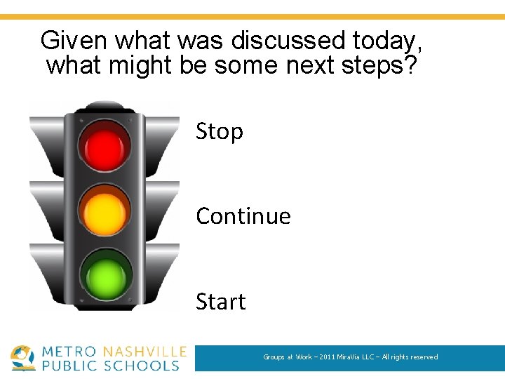 Given what was discussed today, what might be some next steps? Stop Continue Start