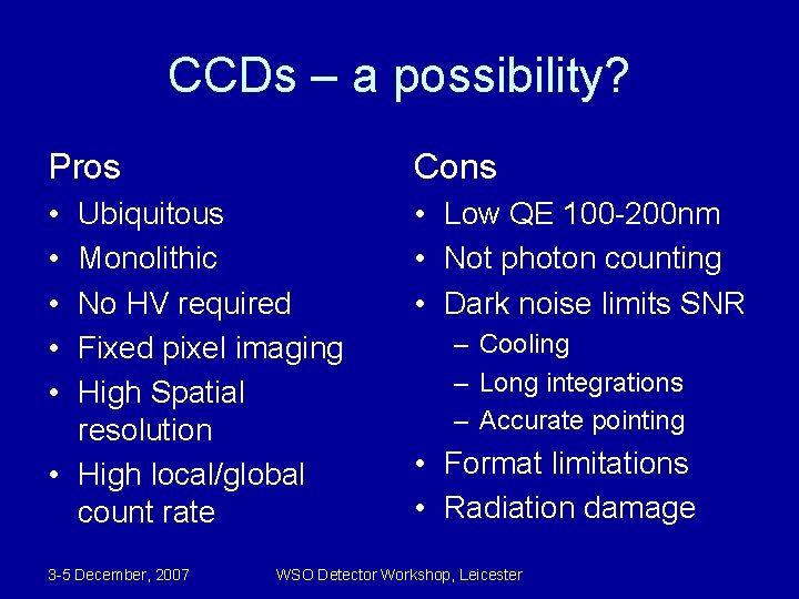 CCDs – a possibility? Pros Cons • • • Low QE 100 -200 nm