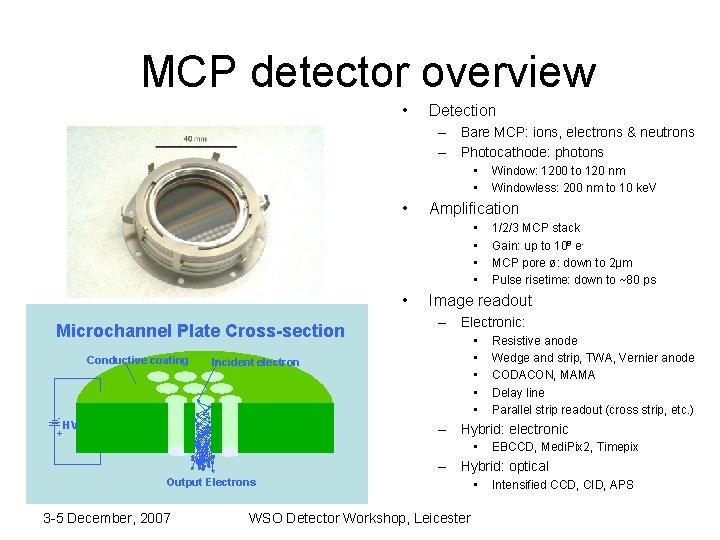 MCP detector overview • Detection – Bare MCP: ions, electrons & neutrons – Photocathode: