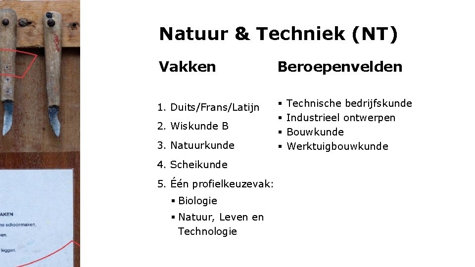Natuur & Techniek (NT) Vakken Beroepenvelden 1. Duits/Frans/Latijn § § 2. Wiskunde B 3.
