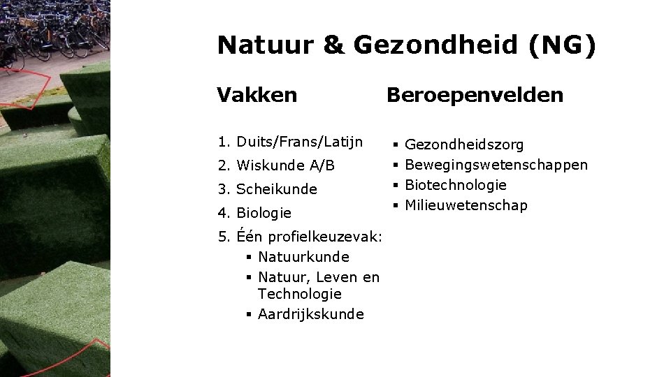 Natuur & Gezondheid (NG) Vakken 1. Duits/Frans/Latijn 2. Wiskunde A/B 3. Scheikunde 4. Biologie