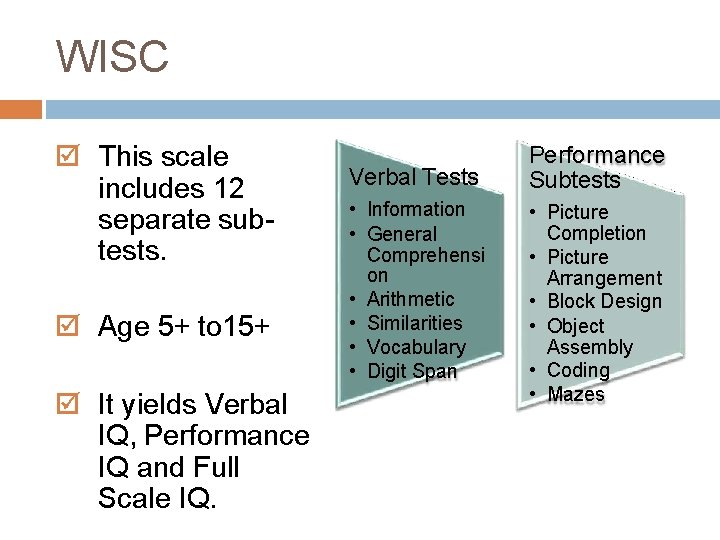 WISC This scale includes 12 separate subtests. Age 5+ to 15+ It yields Verbal