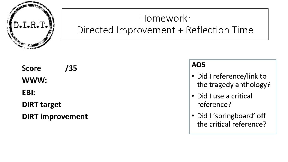 Homework: Directed Improvement + Reflection Time Score /35 WWW: EBI: DIRT target DIRT improvement
