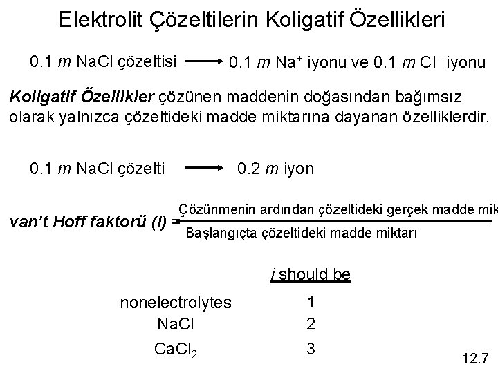 Elektrolit Çözeltilerin Koligatif Özellikleri 0. 1 m Na. Cl çözeltisi 0. 1 m Na+