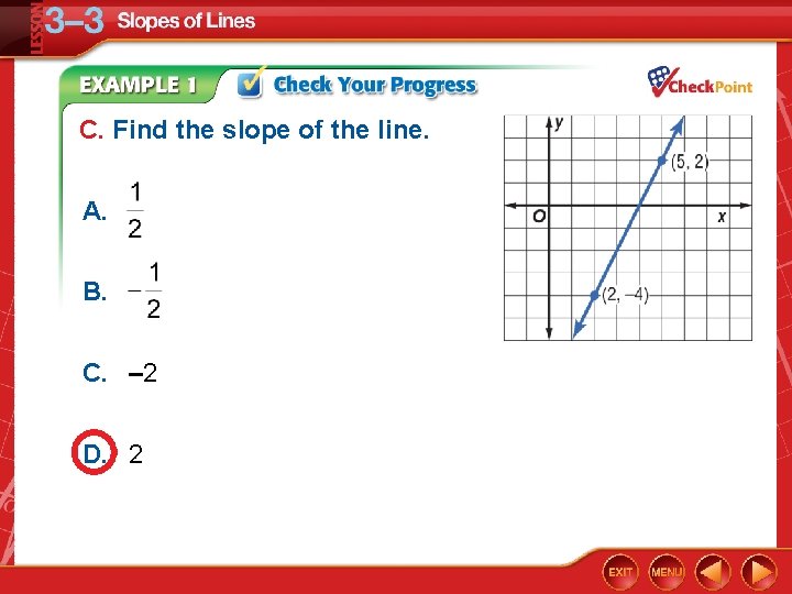 C. Find the slope of the line. A. B. C. – 2 D. 2