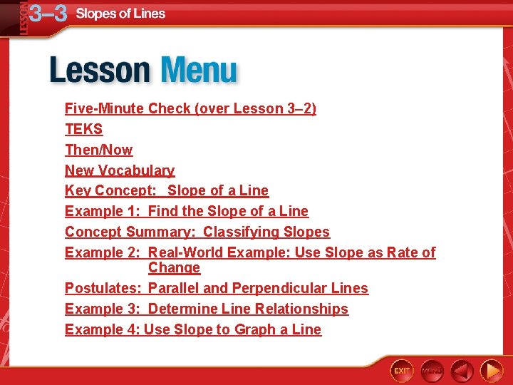 Five-Minute Check (over Lesson 3– 2) TEKS Then/Now New Vocabulary Key Concept: Slope of