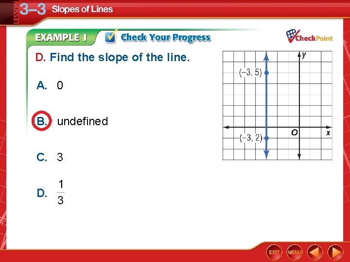 D. Find the slope of the line. A. 0 B. undefined C. 3 D.
