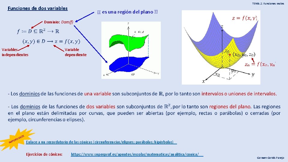 TEMA 2: Funciones reales Funciones de dos variables ¡¡ es una región del plano