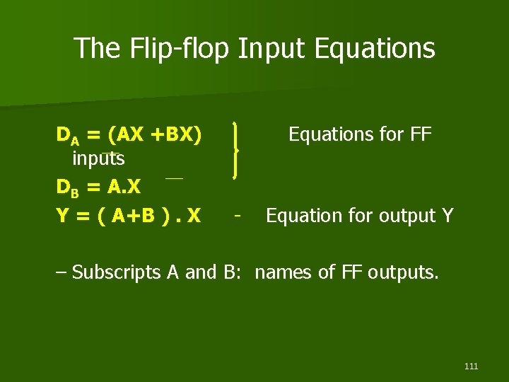 The Flip-flop Input Equations DA = (AX +BX) inputs DB = A. X Y