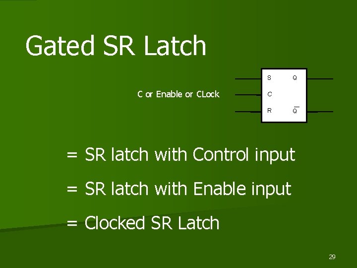 Gated SR Latch S C or Enable or CLock Q C R Q =
