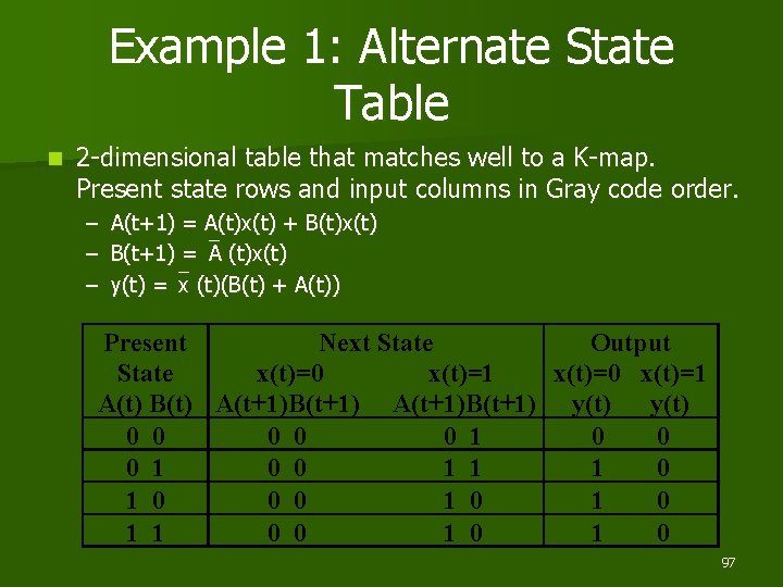 Example 1: Alternate State Table n 2 -dimensional table that matches well to a