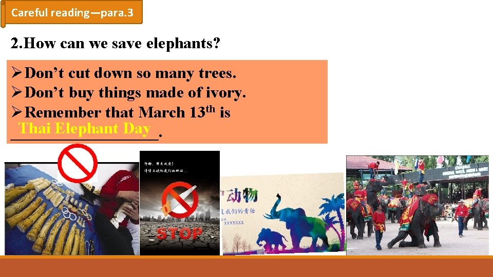 Careful reading—para. 3 2. How can we save elephants? ØDon’t cut down so many