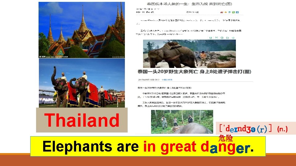 Thailand [ˈd ndʒ 危险 Elephants are in great d ng. ] (n. ) 