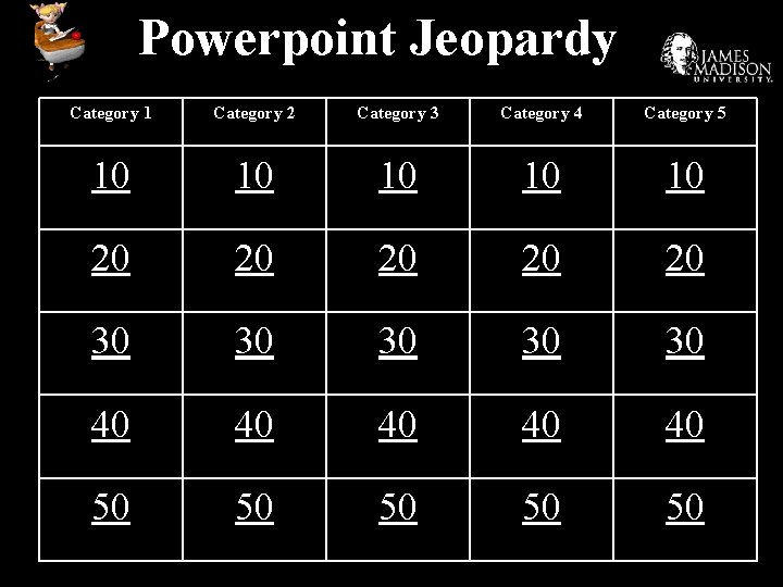 Powerpoint Jeopardy Category 1 Category 2 Category 3 Category 4 Category 5 10 10
