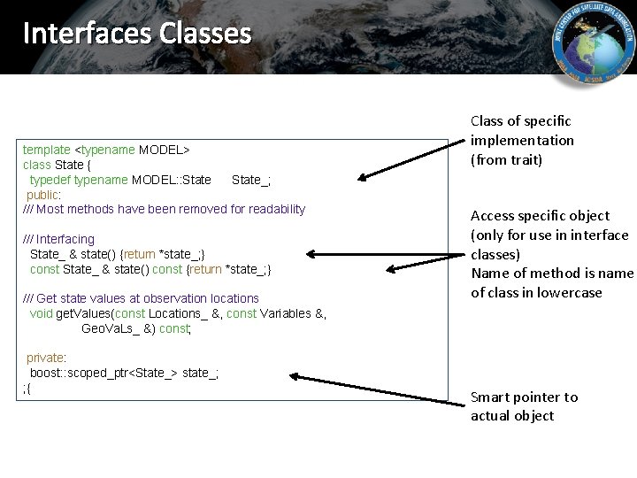 Interfaces Classes template <typename MODEL> class State { typedef typename MODEL: : State_; public: