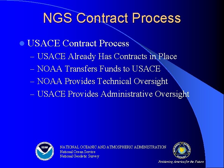 NGS Contract Process l USACE Contract Process – USACE Already Has Contracts in Place NGS Contract Process l USACE Contract Process – USACE Already Has Contracts in Place