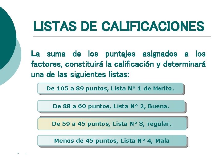 LISTAS DE CALIFICACIONES La suma de los puntajes asignados a los factores, constituirá la
