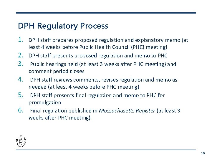 DPH Regulatory Process 1. 2. 3. 4. 5. 6. DPH staff prepares proposed regulation