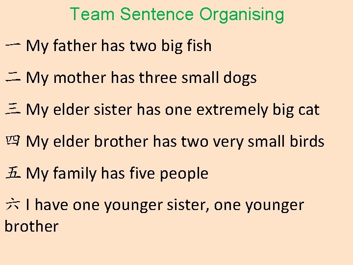 Team Sentence Organising 一 My father has two big fish 二 My mother has