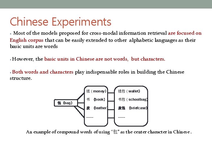 Study on the Chinese Case Chinese Experiments Most of the models proposed for cross-modal