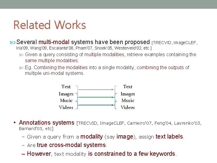 Related Works Several multi-modal systems have been proposed [TRECVID, Image. CLEF, Iria’ 09, Wang’