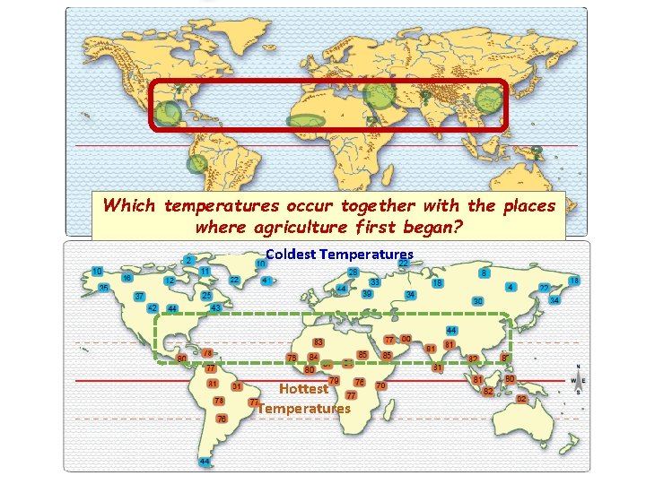 Which temperatures occur together with the places where agriculture first began? Coldest Temperatures Hottest
