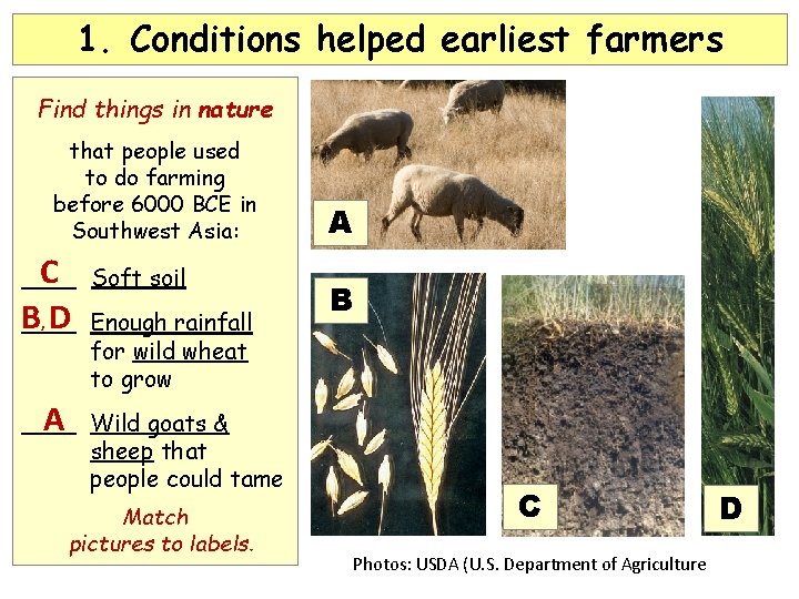 1. Conditions helped earliest farmers Find things in nature that people used to do