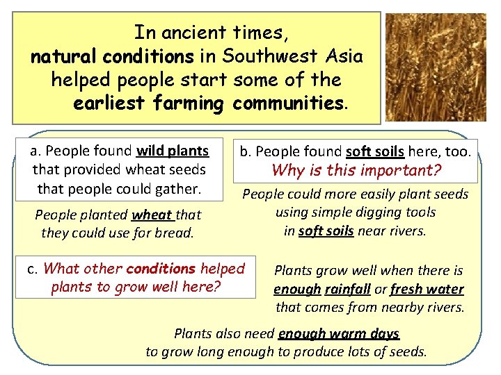 In ancient times, natural conditions in Southwest Asia helped people start some of the