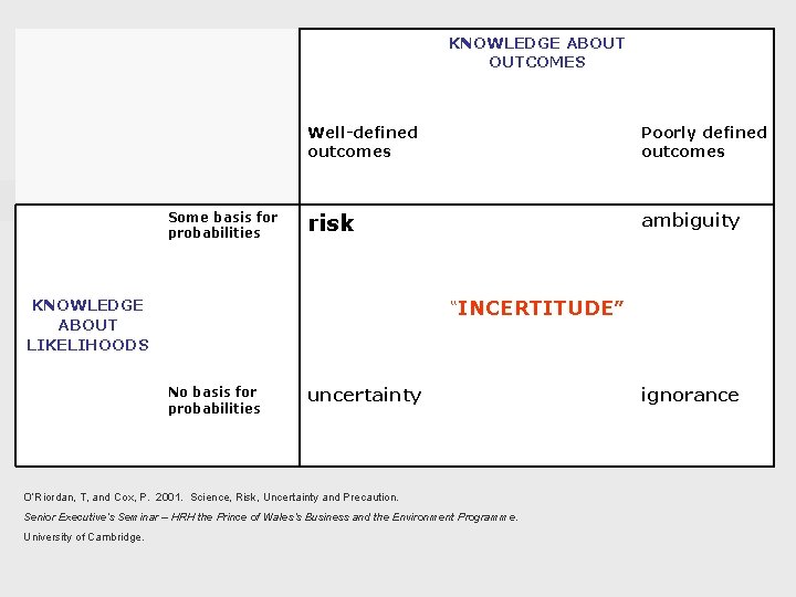 KNOWLEDGE ABOUT OUTCOMES Some basis for probabilities Well-defined outcomes Poorly defined outcomes risk ambiguity