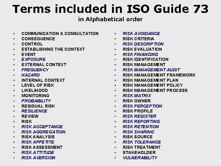 Terms included in ISO Guide 73 in Alphabetical order • • • • •