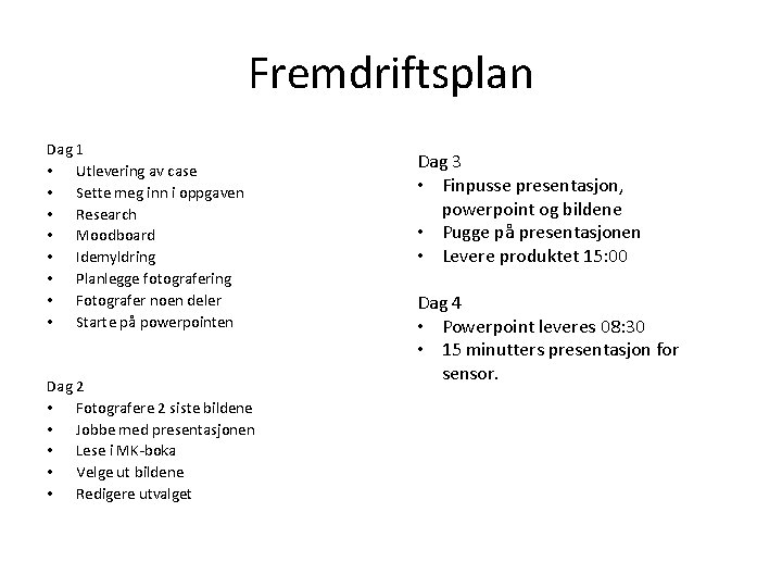 Fremdriftsplan Dag 1 • Utlevering av case • Sette meg inn i oppgaven •