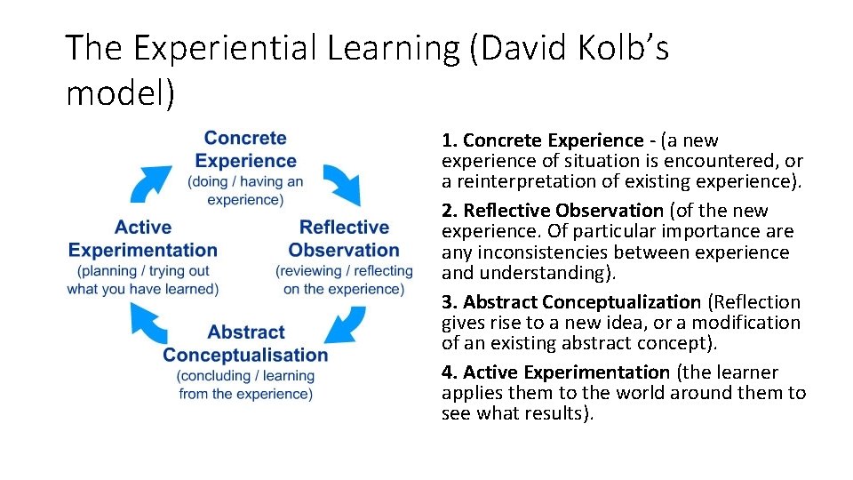 The Experiential Learning (David Kolb’s model) 1. Concrete Experience - (a new experience of