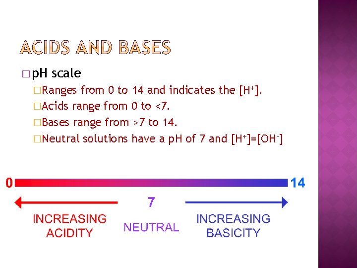 � p. H scale �Ranges from 0 to 14 and indicates the [H+]. �Acids