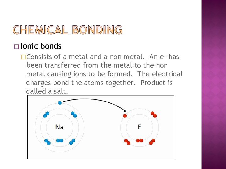 � Ionic bonds �Consists of a metal and a non metal. An e- has