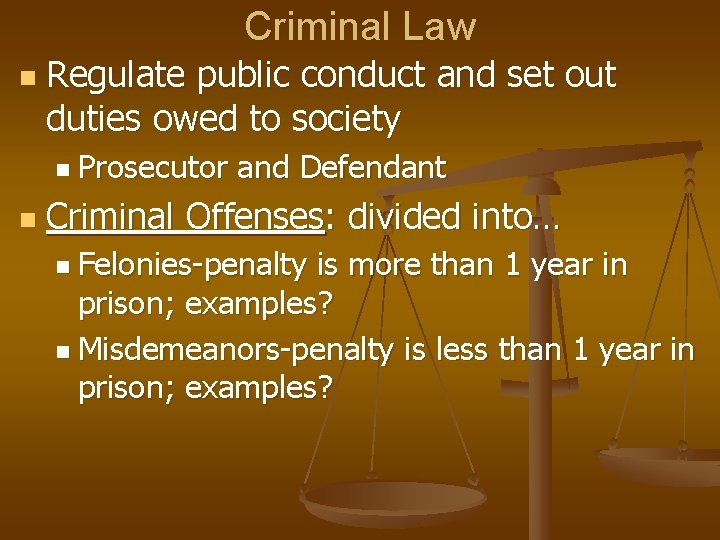 Criminal Law n Regulate public conduct and set out duties owed to society n