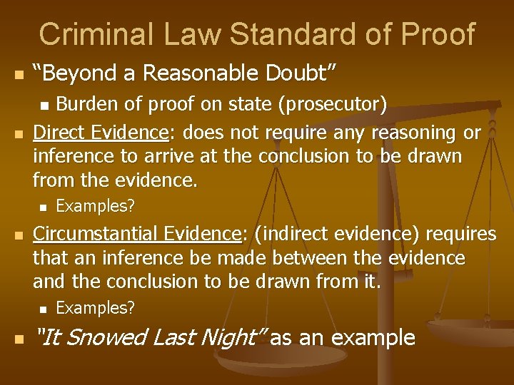 Criminal Law Standard of Proof n “Beyond a Reasonable Doubt” n Burden of proof