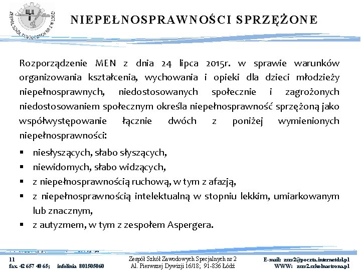 NIEPEŁNOSPRAWNOŚCI SPRZĘŻONE Rozporządzenie MEN z dnia 24 lipca 2015 r. w sprawie warunków organizowania