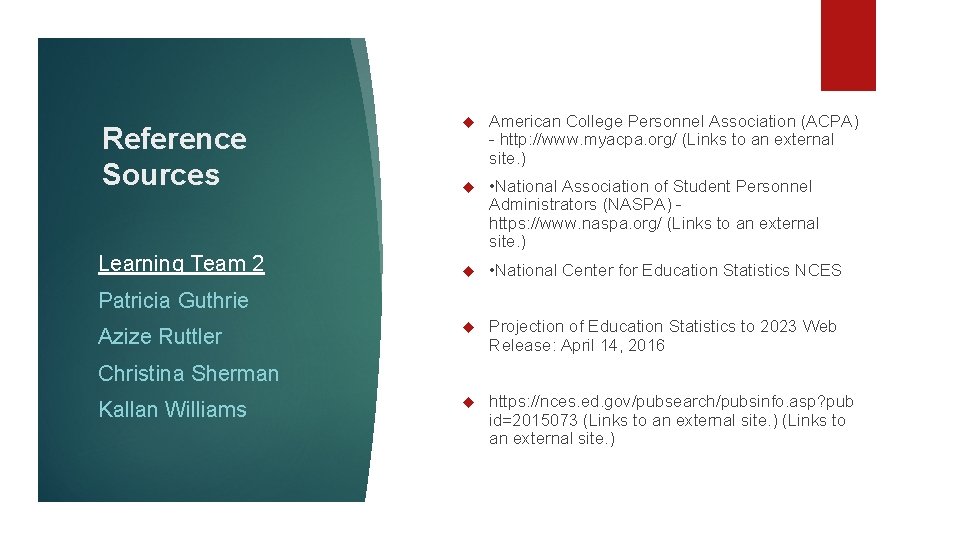 Reference Sources Learning Team 2 American College Personnel Association (ACPA) - http: //www. myacpa.