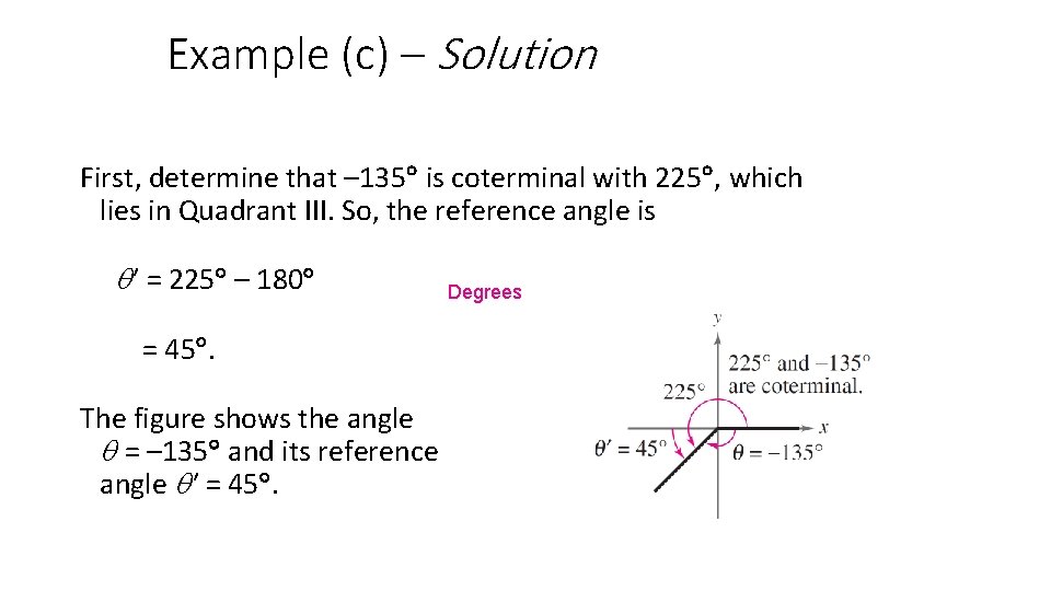 Example (c) – Solution First, determine that – 135 is coterminal with 225 ,
