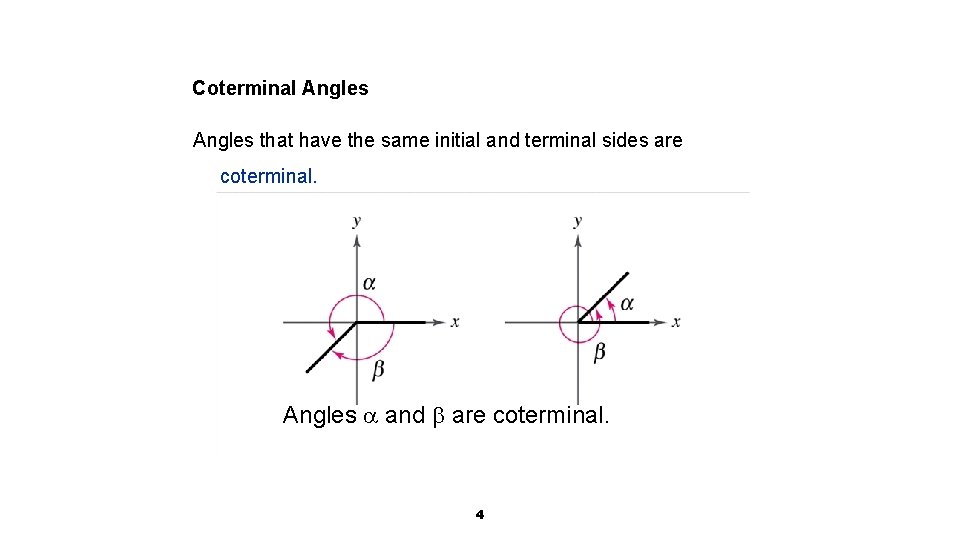 Coterminal Angles that have the same initial and terminal sides are coterminal. Angles and