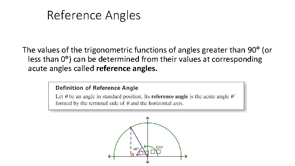 Reference Angles The values of the trigonometric functions of angles greater than 90 (or