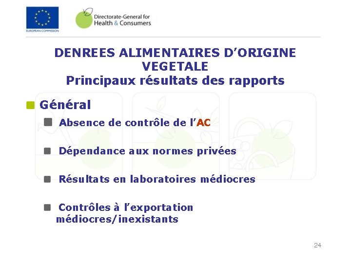 DENREES ALIMENTAIRES D’ORIGINE VEGETALE Principaux résultats des rapports Général Absence de contrôle de l’AC