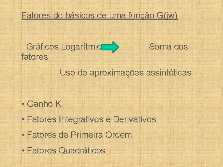 Fatores do básicos de uma função G(jw) Gráficos Logarítmicos fatores Soma dos Uso de